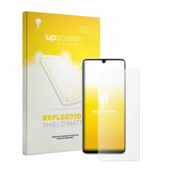 Parte frontal de un envase de producto con el logotipo de la marca upscreen. Al lado se muestra el dispositivo Samsung Galaxy 