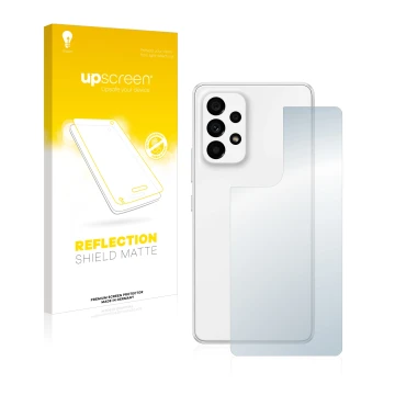 Parte frontal de un envase de producto con el logotipo de la marca upscreen. Al lado se muestra el dispositivo Samsung Galaxy 