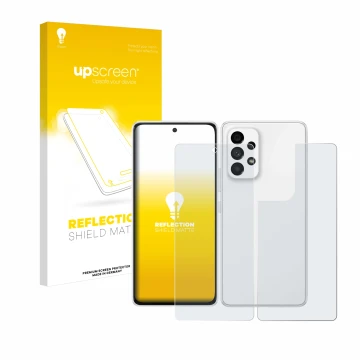 Parte frontal de un envase de producto con el logotipo de la marca upscreen. Al lado se muestra el dispositivo Samsung Galaxy 