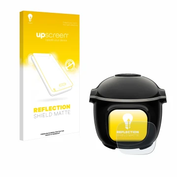 Parte frontal de un envase de producto con el logotipo de la marca upscreen. Al lado se muestra el dispositivo Krups Cook4me T