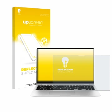 Parte frontal de un envase de producto con el logotipo de la marca upscreen. Al lado se muestra el dispositivo Samsung Galaxy 