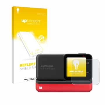 Parte frontal de un envase de producto con el logotipo de la marca upscreen. Al lado se muestra el dispositivo Insta360 One RS