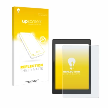 Parte frontal de un envase de producto con el logotipo de la marca upscreen. Al lado se muestra el dispositivo Boox Nova Air C