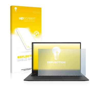 Parte frontal de un envase de producto con el logotipo de la marca upscreen. Al lado se muestra el dispositivo ASUS VivoBook S