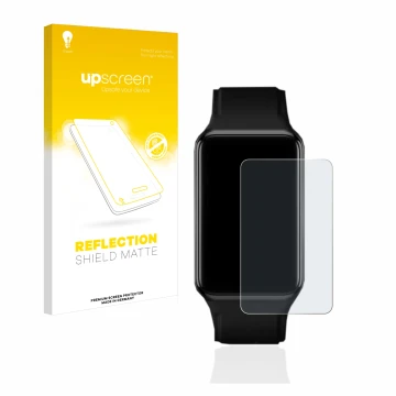 Parte frontal de un envase de producto con el logotipo de la marca upscreen. Al lado se muestra el dispositivo Oppo Watch Free