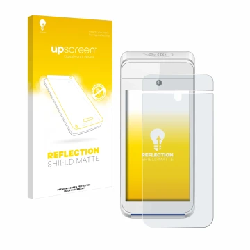 Parte frontal de un envase de producto con el logotipo de la marca upscreen. Al lado se muestra el dispositivo Pax A920 con su