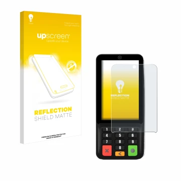 Parte frontal de un envase de producto con el logotipo de la marca upscreen. Al lado se muestra el dispositivo Pax A35 con su 