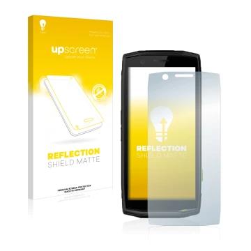 Parte frontal de un envase de producto con el logotipo de la marca upscreen. Al lado se muestra el dispositivo Crosscall Actio