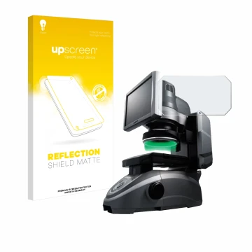 Parte frontal de un envase de producto con el logotipo de la marca upscreen. Al lado se muestra el dispositivo Keyence IM-6125