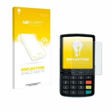 Parte frontal de un envase de producto con el logotipo de la marca upscreen. Al lado se muestra el dispositivo ingenico Link/2