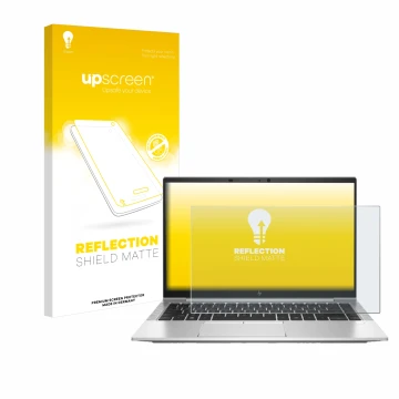 Parte frontal de un envase de producto con el logotipo de la marca upscreen. Al lado se muestra el dispositivo HP EliteBook 84