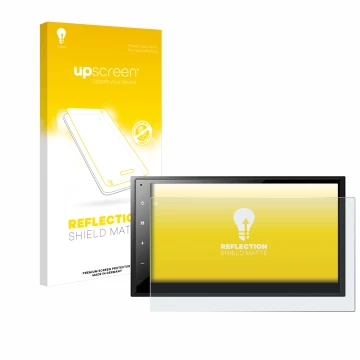 Parte frontal de un envase de producto con el logotipo de la marca upscreen. Al lado se muestra el dispositivo Pioneer DMH-A34