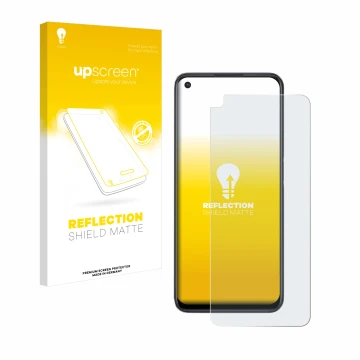 Parte frontal de un envase de producto con el logotipo de la marca upscreen. Al lado se muestra el dispositivo OnePlus Nord CE