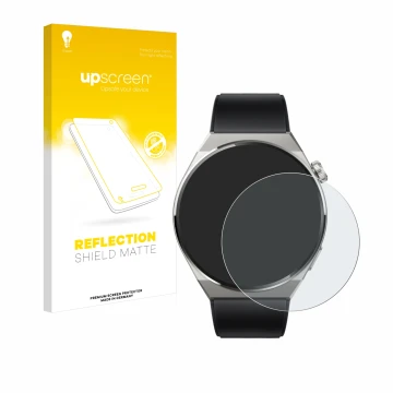 Parte frontal de un envase de producto con el logotipo de la marca upscreen. Al lado se muestra el dispositivo Huawei Watch GT