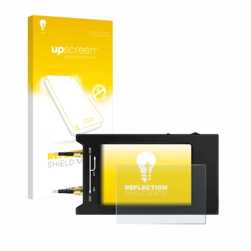 Parte frontal de un envase de producto con el logotipo de la marca upscreen. Al lado se muestra el dispositivo NanoVNA H4 con 