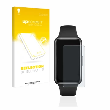 Parte frontal de un envase de producto con el logotipo de la marca upscreen. Al lado se muestra el dispositivo Huawei Band 7 c