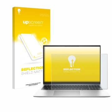 Parte frontal de un envase de producto con el logotipo de la marca upscreen. Al lado se muestra el dispositivo HP EliteBook 84