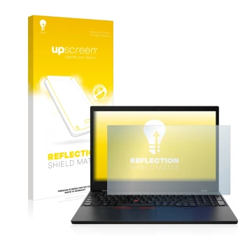 Parte frontal de un envase de producto con el logotipo de la marca upscreen. Al lado se muestra el dispositivo Lenovo ThinkPad