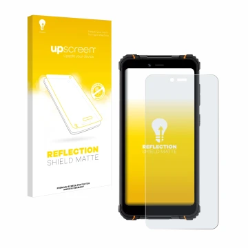 Parte frontal de un envase de producto con el logotipo de la marca upscreen. Al lado se muestra el dispositivo Hotwav T5 Pro c
