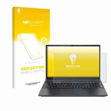 Parte frontal de un envase de producto con el logotipo de la marca upscreen. Al lado se muestra el dispositivo Lenovo ThinkPad