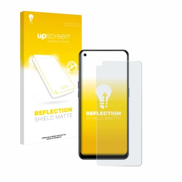 Parte frontal de un envase de producto con el logotipo de la marca upscreen. Al lado se muestra el dispositivo Oppo Reno 8 Lit