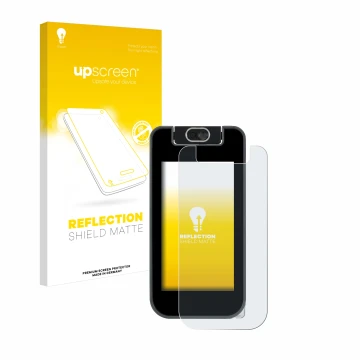 Parte frontal de un envase de producto con el logotipo de la marca upscreen. Al lado se muestra el dispositivo Vtech KidiBuzz 