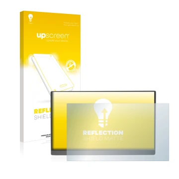 Parte frontal de un envase de producto con el logotipo de la marca upscreen. Al lado se muestra el dispositivo Arzopa 15.6