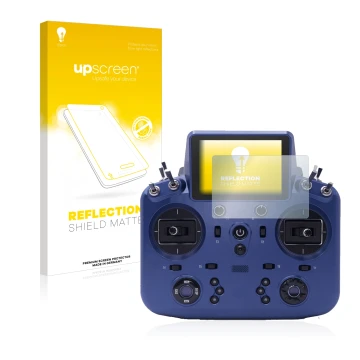 Parte frontal de un envase de producto con el logotipo de la marca upscreen. Al lado se muestra el dispositivo FrSky Tandem X1