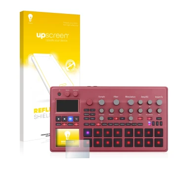 Parte frontal de un envase de producto con el logotipo de la marca upscreen. Al lado se muestra el dispositivo KORG electribe 