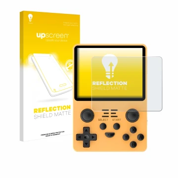 Parte frontal de un envase de producto con el logotipo de la marca upscreen. Al lado se muestra el dispositivo Powkiddy RGB20S