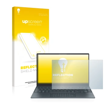 Parte frontal de un envase de producto con el logotipo de la marca upscreen. Al lado se muestra el dispositivo ASUS ZenBook 13
