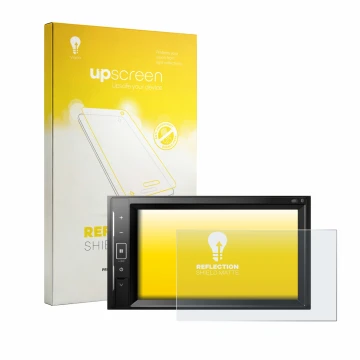 Parte frontal de un envase de producto con el logotipo de la marca upscreen. Al lado se muestra el dispositivo Pioneer AVH-A24