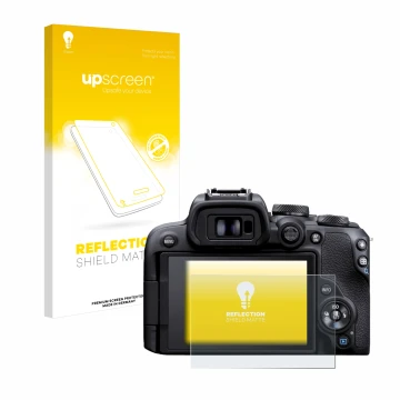 Parte frontal de un envase de producto con el logotipo de la marca upscreen. Al lado se muestra el dispositivo Canon EOS R10 c