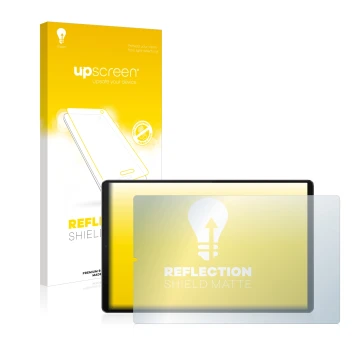 Parte frontal de un envase de producto con el logotipo de la marca upscreen. Al lado se muestra el dispositivo Lenovo Tab M10 