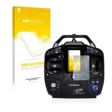 Parte frontal de un envase de producto con el logotipo de la marca upscreen. Al lado se muestra el dispositivo Futaba T4GRS co