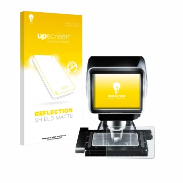Parte frontal de un envase de producto con el logotipo de la marca upscreen. Al lado se muestra el dispositivo Keyence LM-1100
