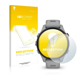 Parte frontal de un envase de producto con el logotipo de la marca upscreen. Al lado se muestra el dispositivo Garmin Forerunn