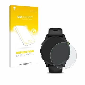 Parte frontal de un envase de producto con el logotipo de la marca upscreen. Al lado se muestra el dispositivo Garmin Forerunn