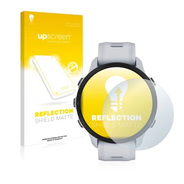 Parte frontal de un envase de producto con el logotipo de la marca upscreen. Al lado se muestra el dispositivo Garmin Forerunn