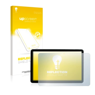 Parte frontal de un envase de producto con el logotipo de la marca upscreen. Al lado se muestra el dispositivo MEDION Lifetab 