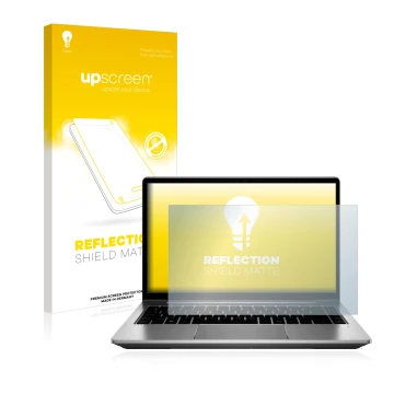 Parte frontal de un envase de producto con el logotipo de la marca upscreen. Al lado se muestra el dispositivo HP ProBook 640 