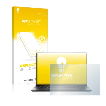 Parte frontal de un envase de producto con el logotipo de la marca upscreen. Al lado se muestra el dispositivo Dell XPS 15 951