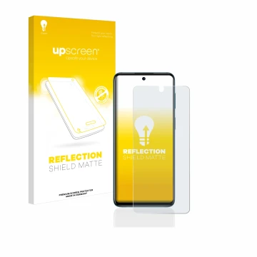 Parte frontal de un envase de producto con el logotipo de la marca upscreen. Al lado se muestra el dispositivo Motorola Moto G