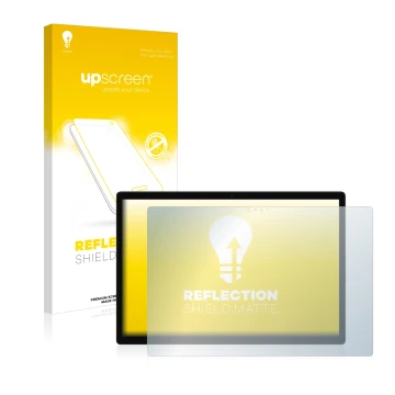 Parte frontal de un envase de producto con el logotipo de la marca upscreen. Al lado se muestra el dispositivo Xiaomi Book S 1