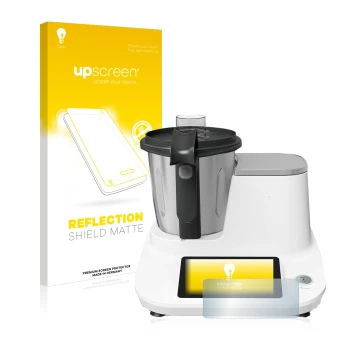 Parte frontal de un envase de producto con el logotipo de la marca upscreen. Al lado se muestra el dispositivo Moulinex Click&