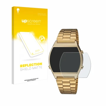 Parte frontal de un envase de producto con el logotipo de la marca upscreen. Al lado se muestra el dispositivo Casio Retro B64