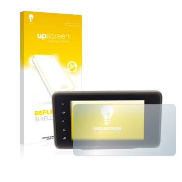 Parte frontal de un envase de producto con el logotipo de la marca upscreen. Al lado se muestra el dispositivo Dacia Duster 2 