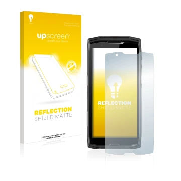 Parte frontal de un envase de producto con el logotipo de la marca upscreen. Al lado se muestra el dispositivo Crosscall Core-