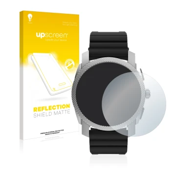 Parte frontal de un envase de producto con el logotipo de la marca upscreen. Al lado se muestra el dispositivo Fossil Gen 6 Hy