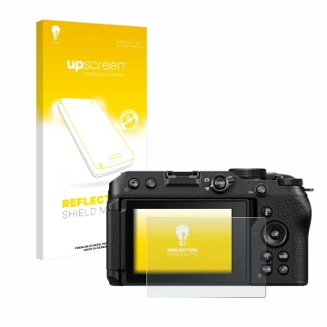 Parte frontal de un envase de producto con el logotipo de la marca upscreen. Al lado se muestra el dispositivo Nikon Z 30 con 